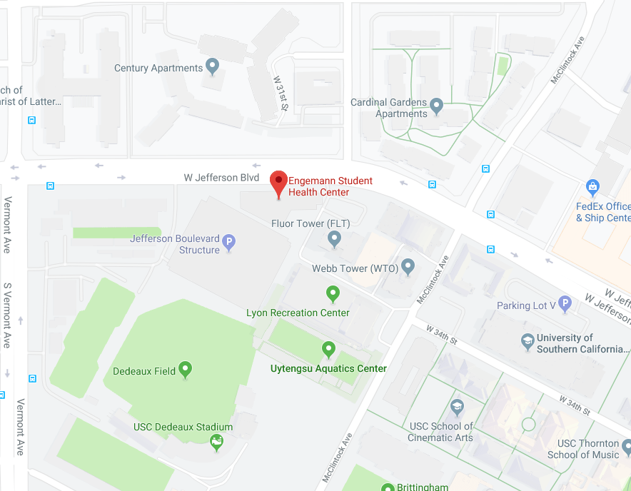 A digital google map image of the location of USC's Engemann Student Health Center